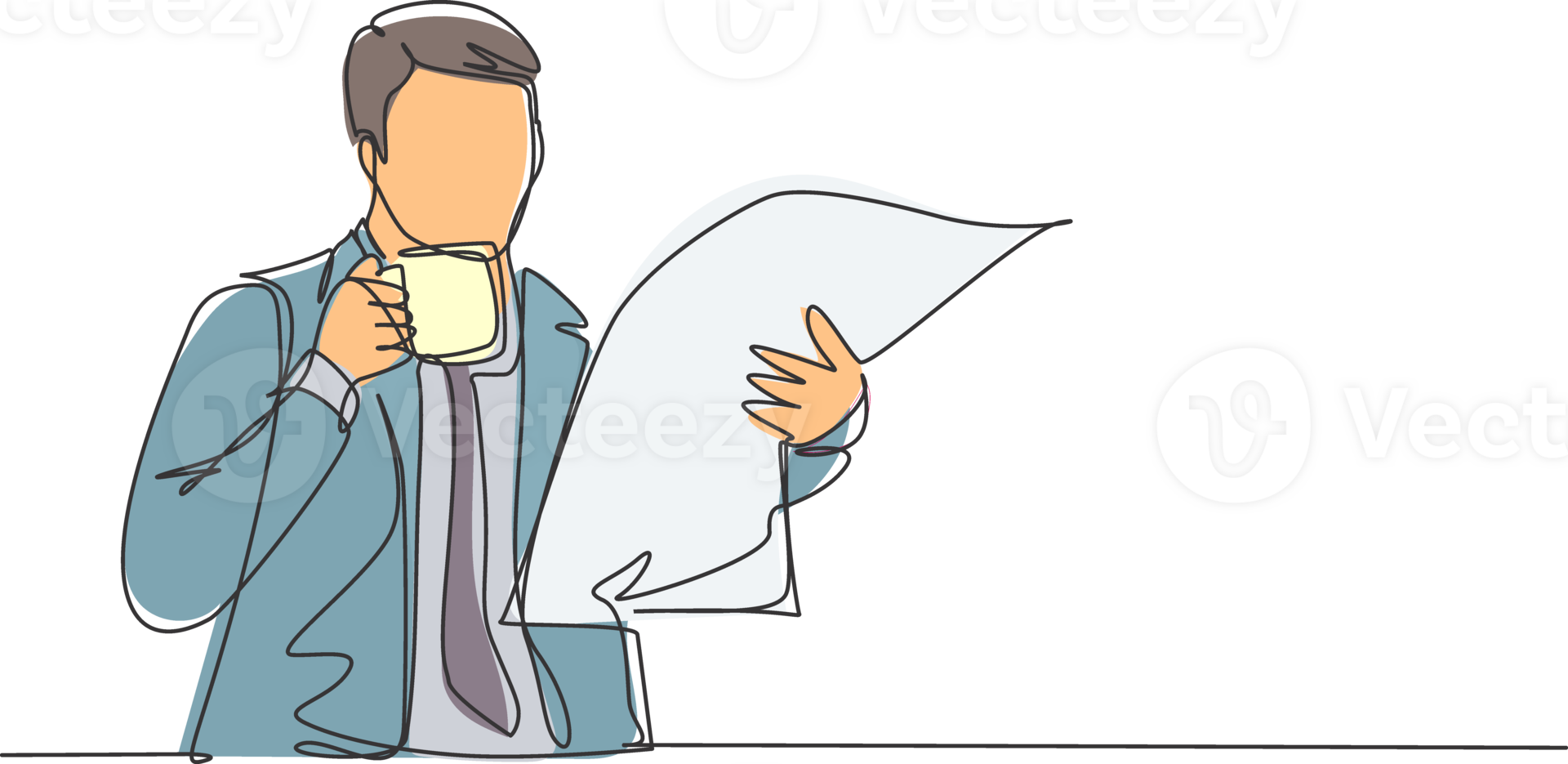 One continuous line drawing of young happy business man holding coffee mug while reading tabloid headline news at hotel lobby. Drinking tea concept single line sign draw design illustration png
