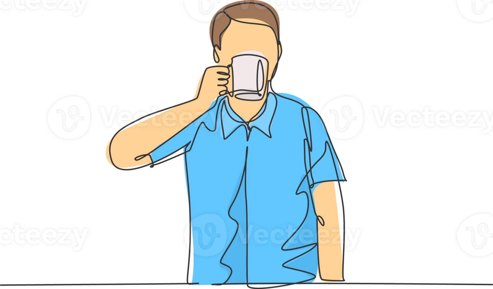 One continuous single line drawing of young happy employee worker enjoy drinking a mug of great taste hot fresh espresso coffee. Drinking coffee or tea concept cartoon design illustration png