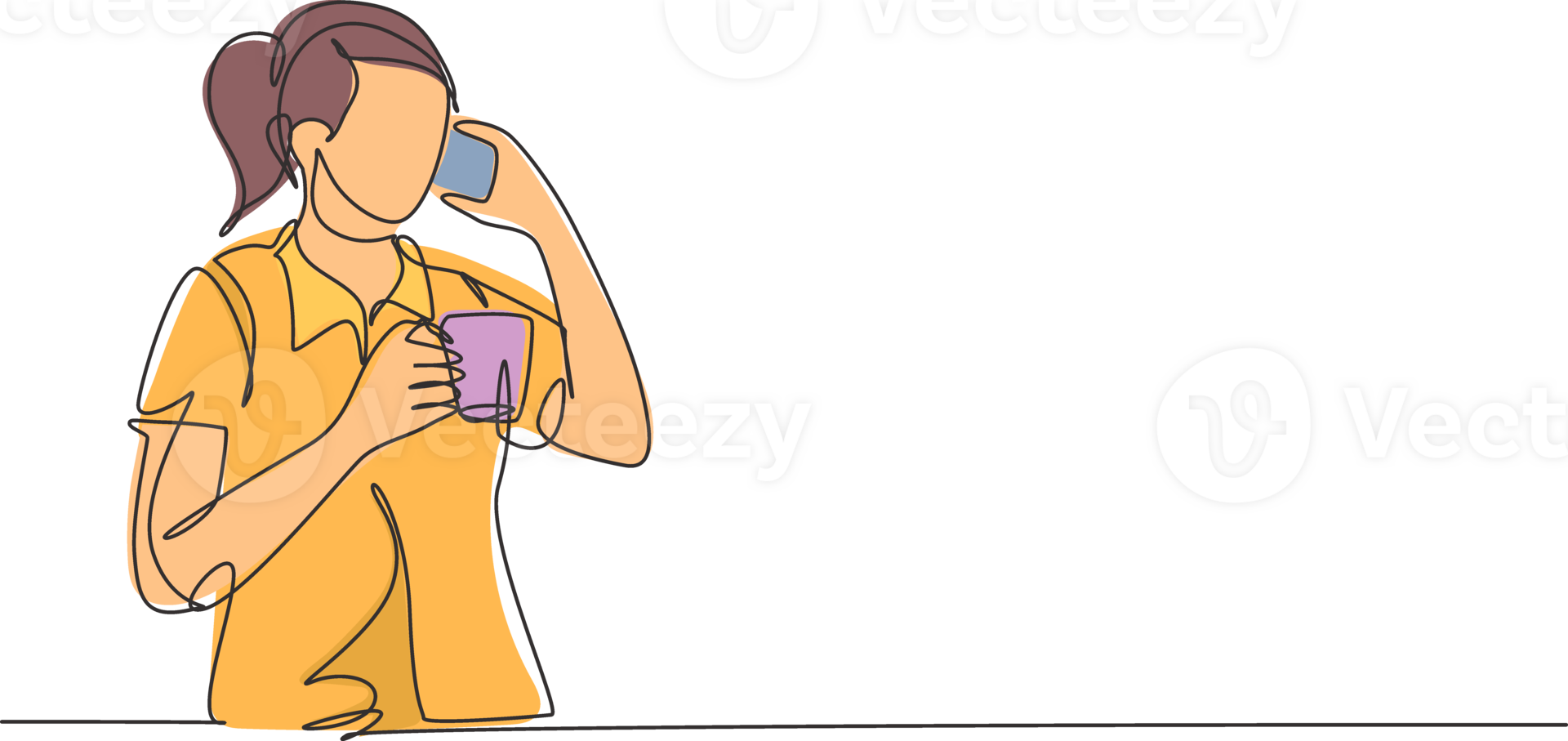 Single continuous line drawing of young female employee calling her partner on the phone while holding a cup of coffee drink. Drinking tea concept one line draw graphic design illustration png