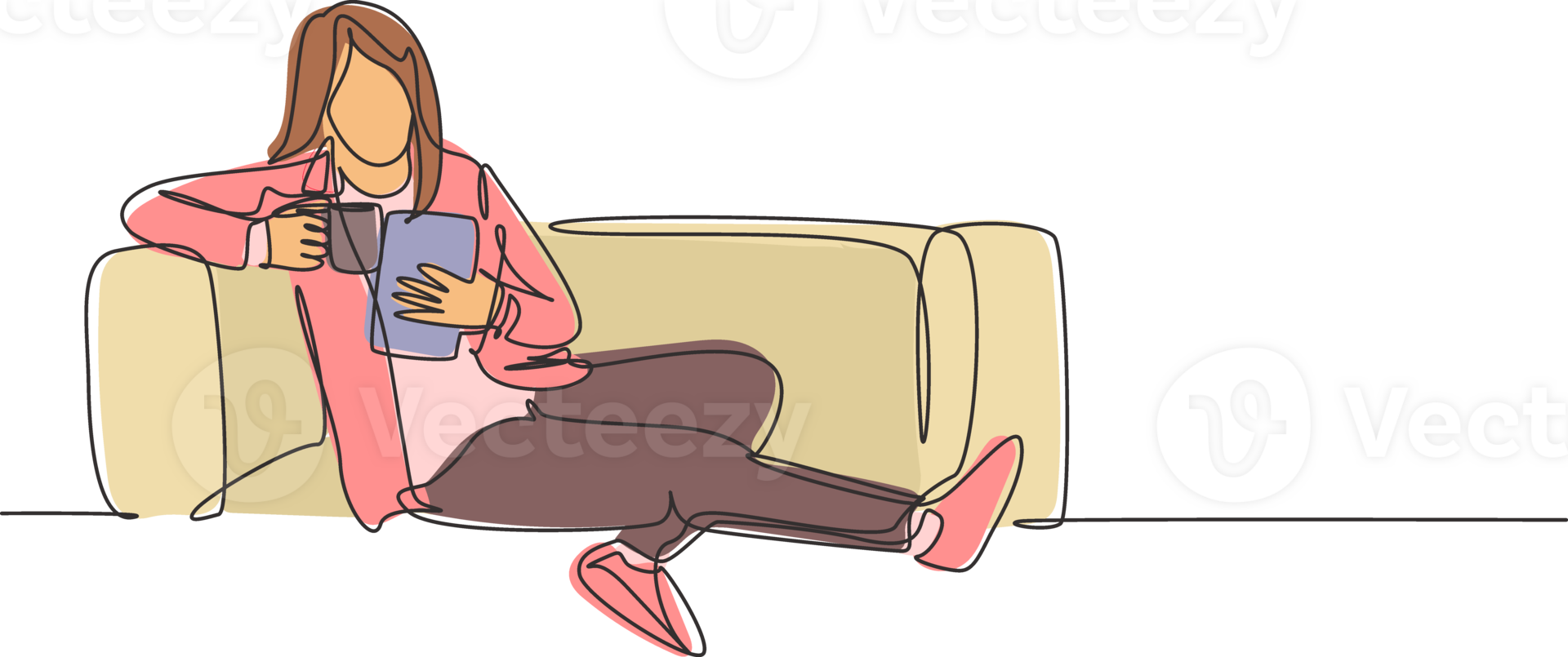 One continuous line drawing of young businesswoman lying down on the sofa while reading book and holding a cup of coffee drink. Drinking tea concept single line draw design graphic illustration png