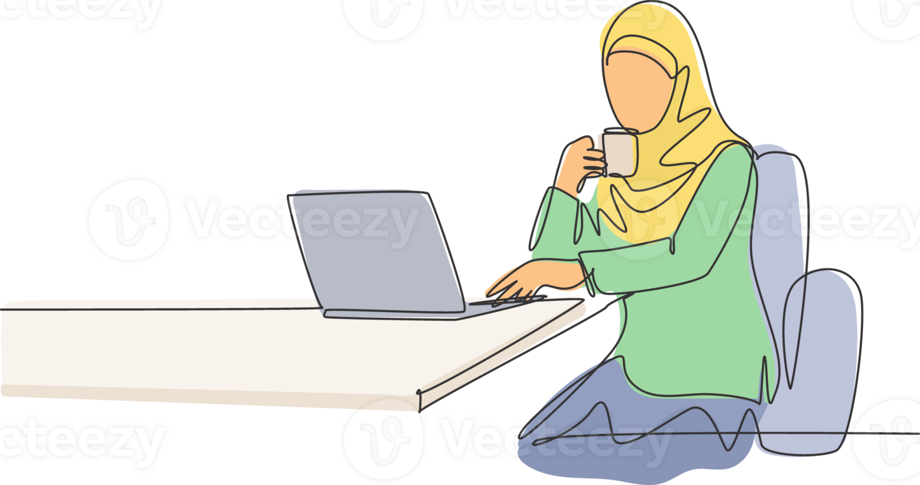 One continuous line drawing of young muslimah businesswomen reading business presentation on laptop screen. Saudi Arabian female with hijab and veil concept. Single line draw design illustration png