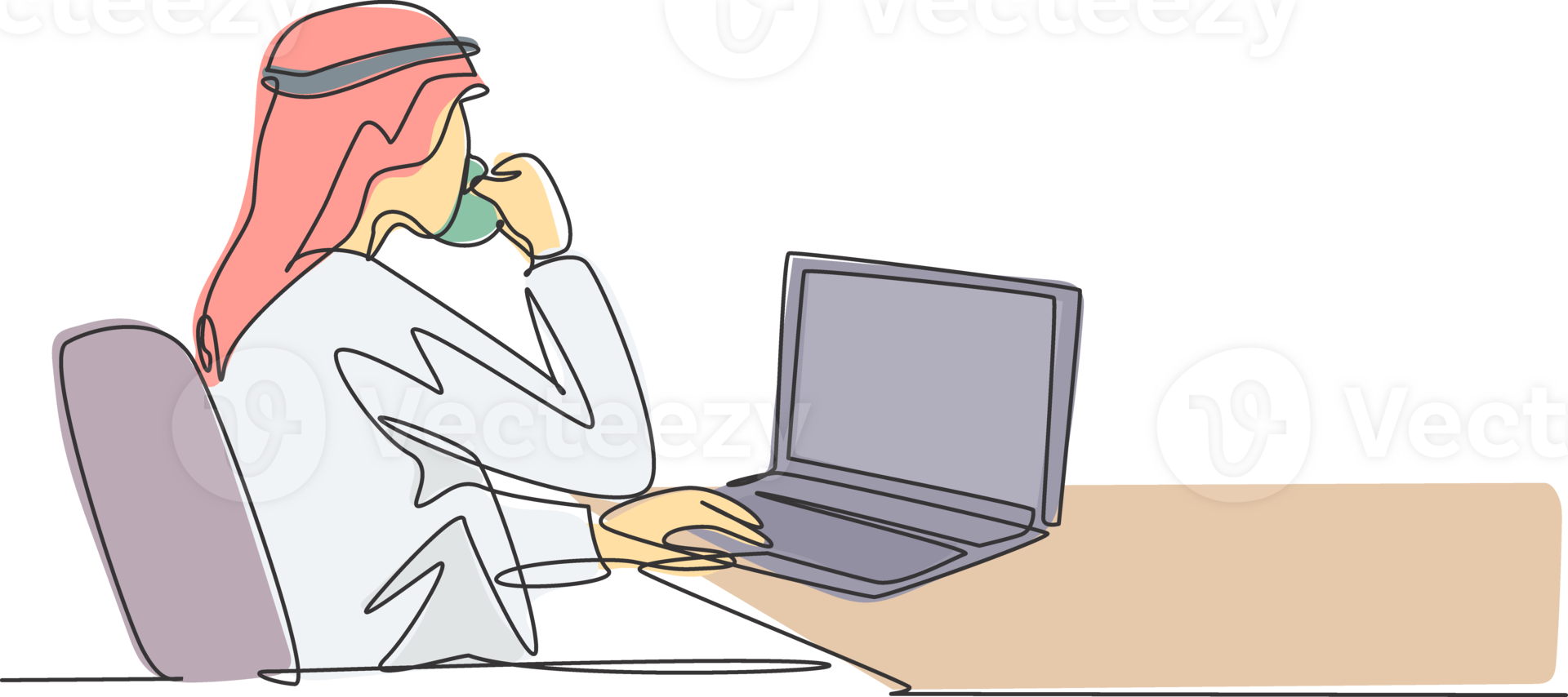 Single continuous line drawing of young muslim businessmen typing business proposal draft on laptop. Arab middleeast cloth shmagh, kandura, thawb, robe. One line draw design illustration png