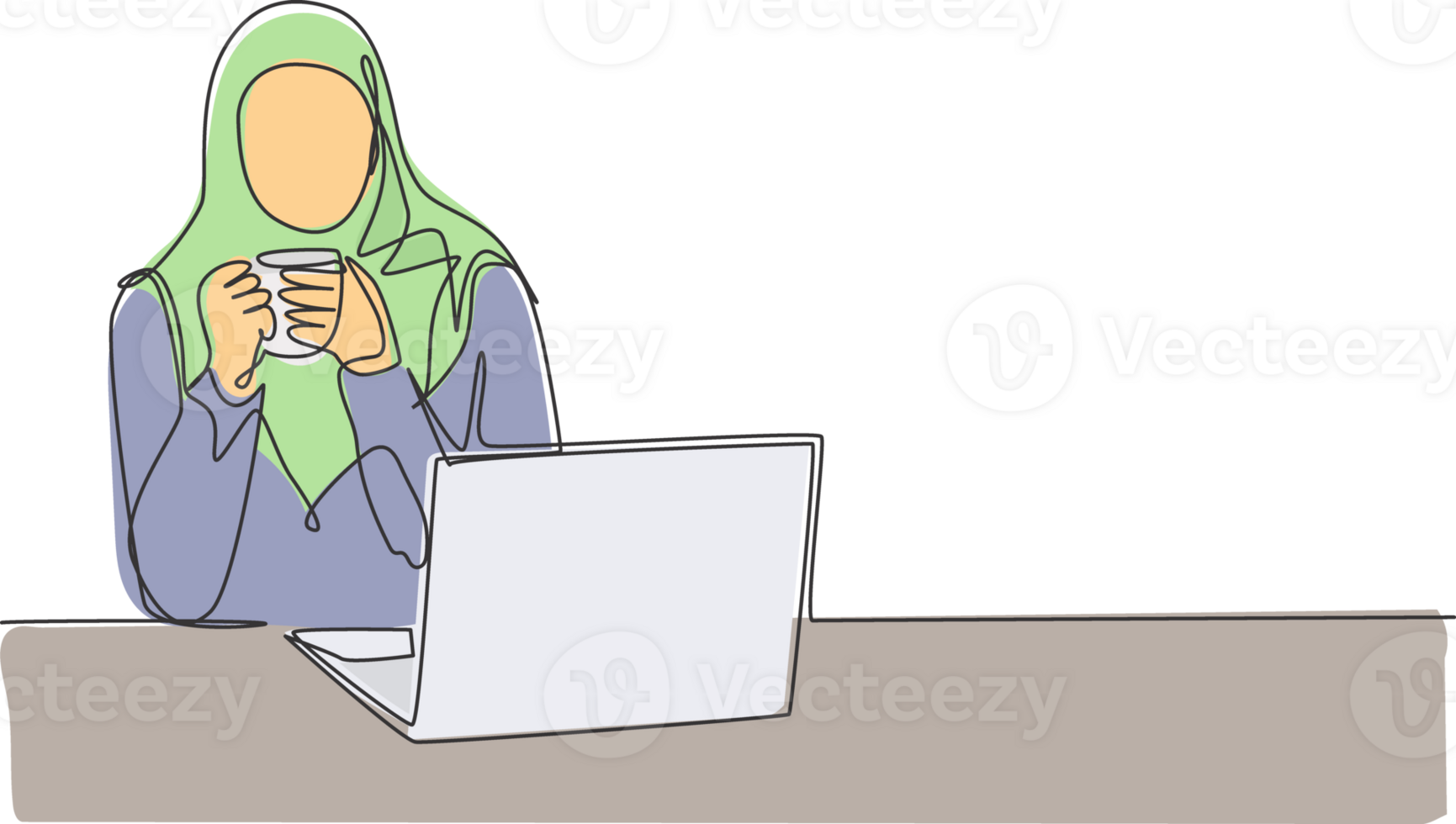One continuous line drawing of young muslimah office employee thinking pensive in front of laptop monitor. Saudi Arabian female with hijab and veil concept. Single line draw design illustration png