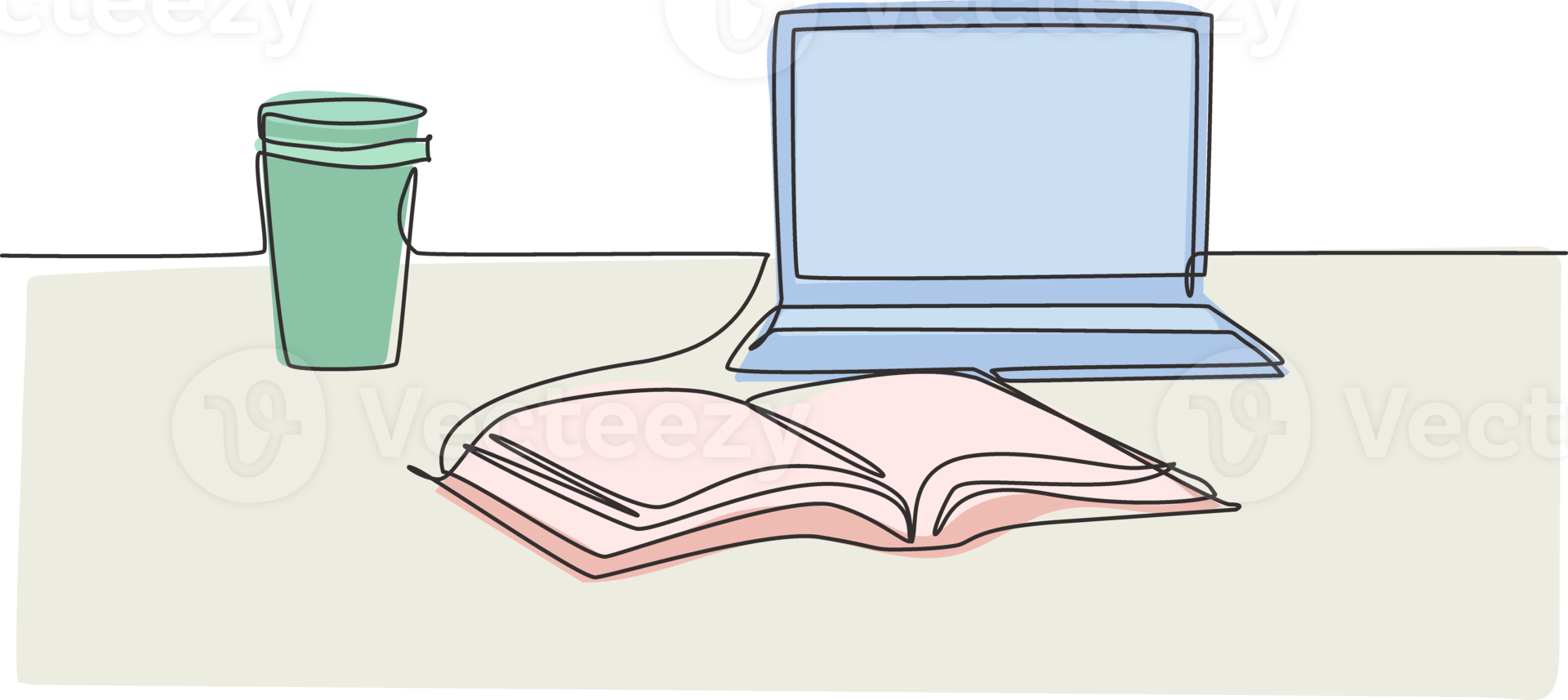 Single continuous line drawing of computer laptop, paper cup of coffee and open book on study table. College student study desk concept. One line draw design illustration png