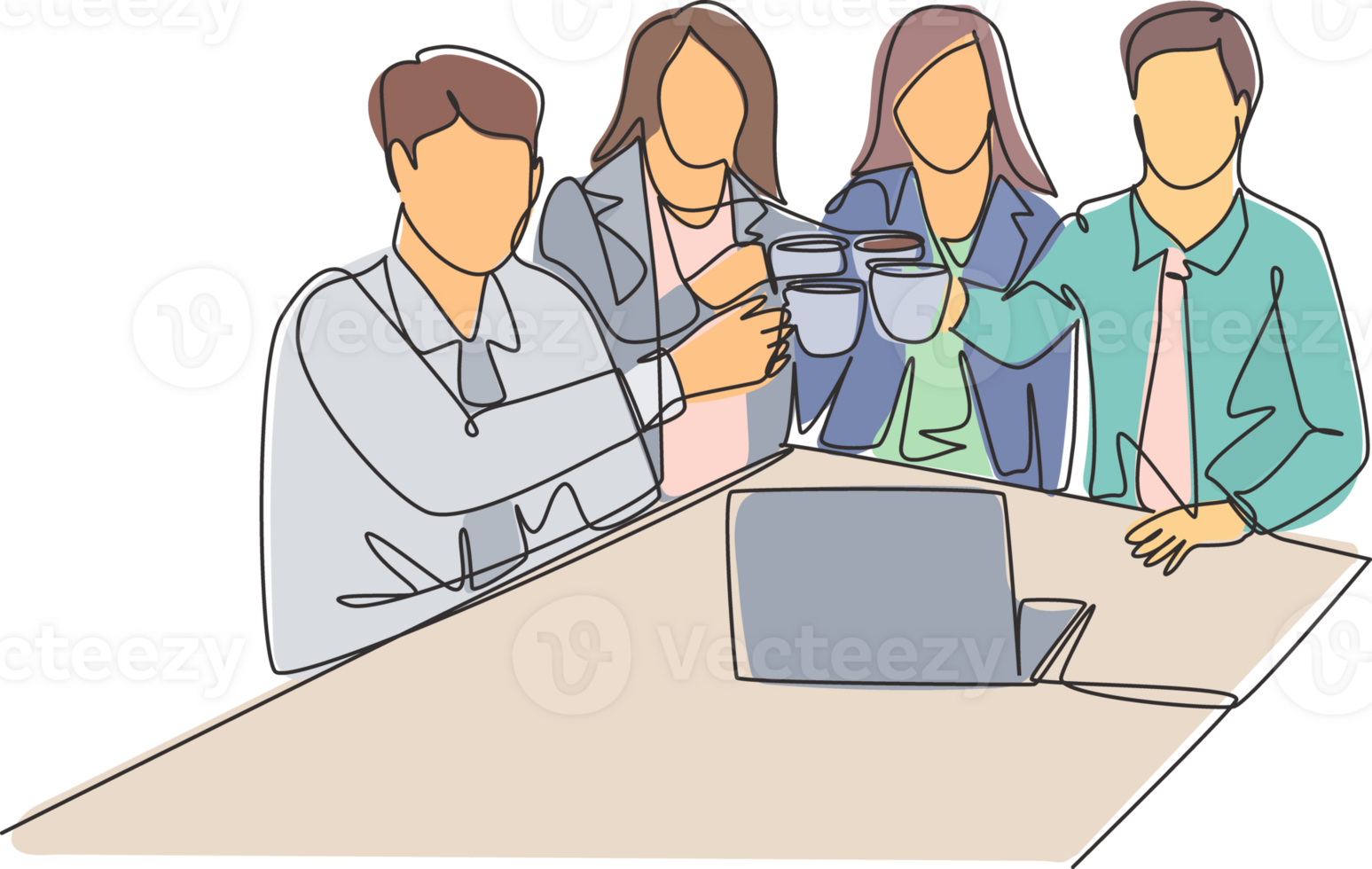 Single continuous line drawing of young male and female office workers discussing strategy to increase product sales at marketing team member meeting. One line draw graphic design illustration png