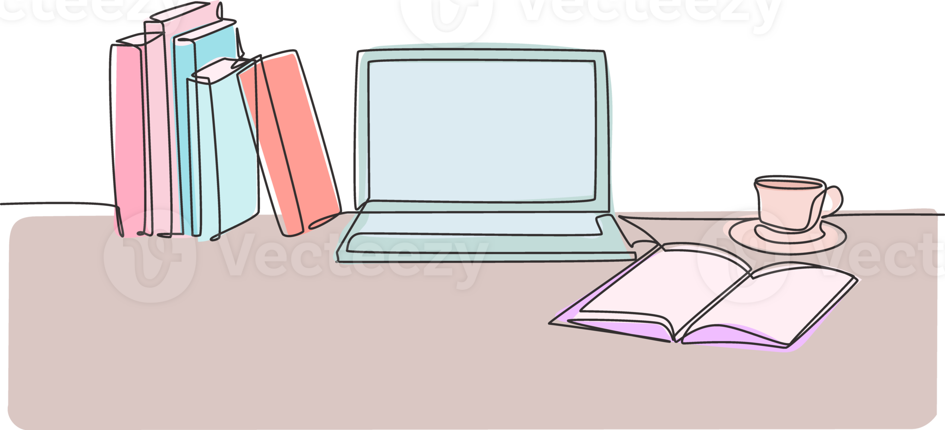 One continuous line drawing of stack of books line up with computer laptop, book and a cup of coffee. Study space desk concept. Single line draw design illustration png