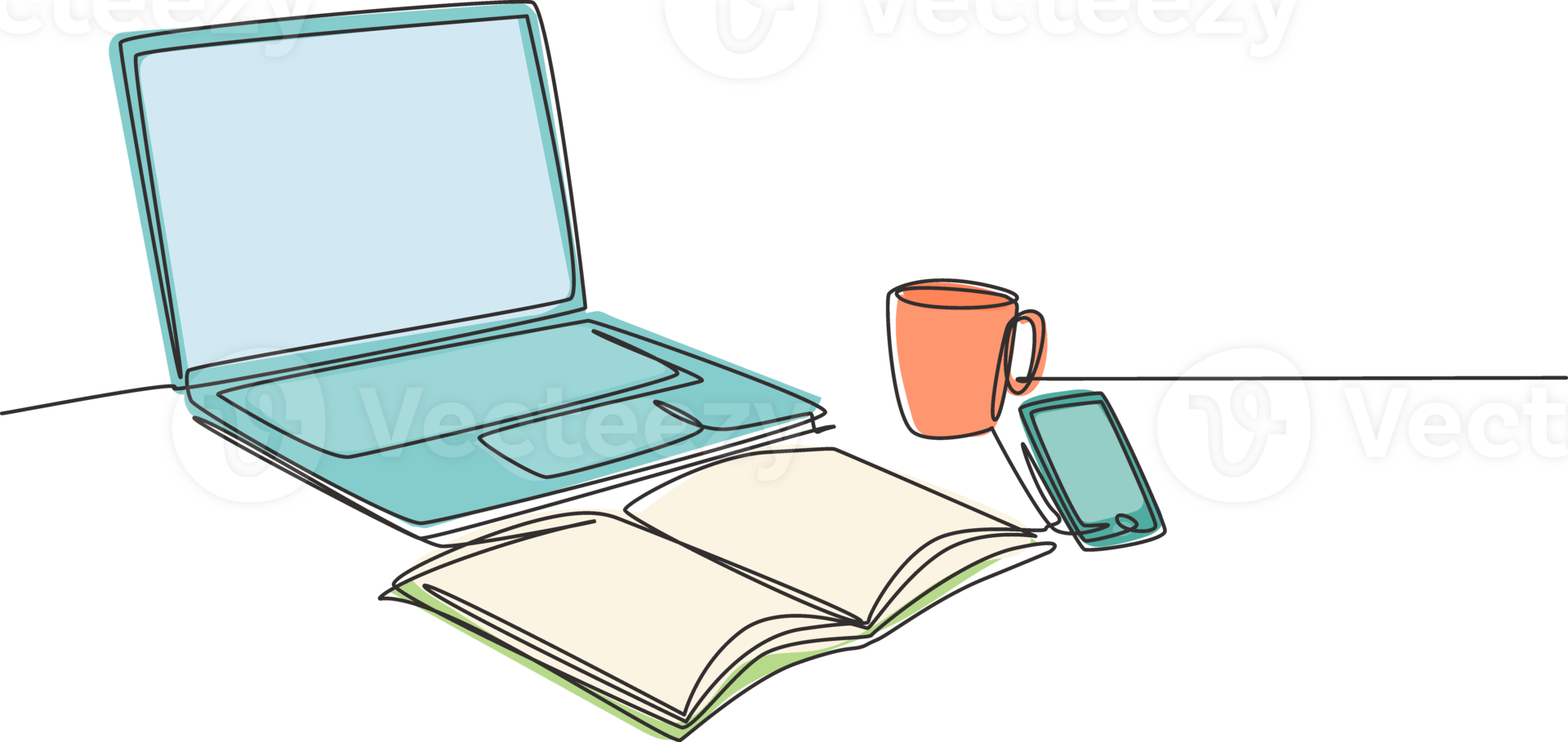 One single line drawing of computer laptop, smartphone and a cup of coffee and at business office desk. Work space table concept. Continuous line draw graphic design illustration png