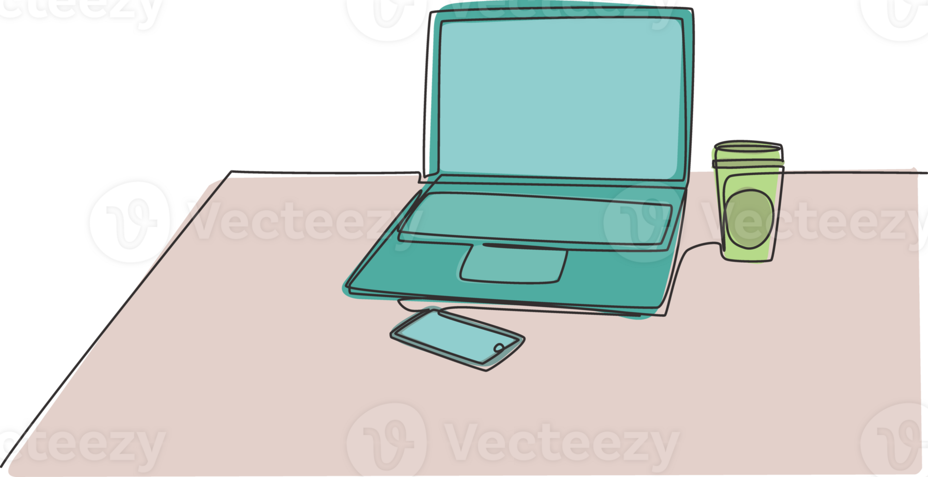 Single continuous line drawing of computer laptop, smartphone, and paper cup of coffee at business office desk. Work space table concept. One line draw design graphic illustration png