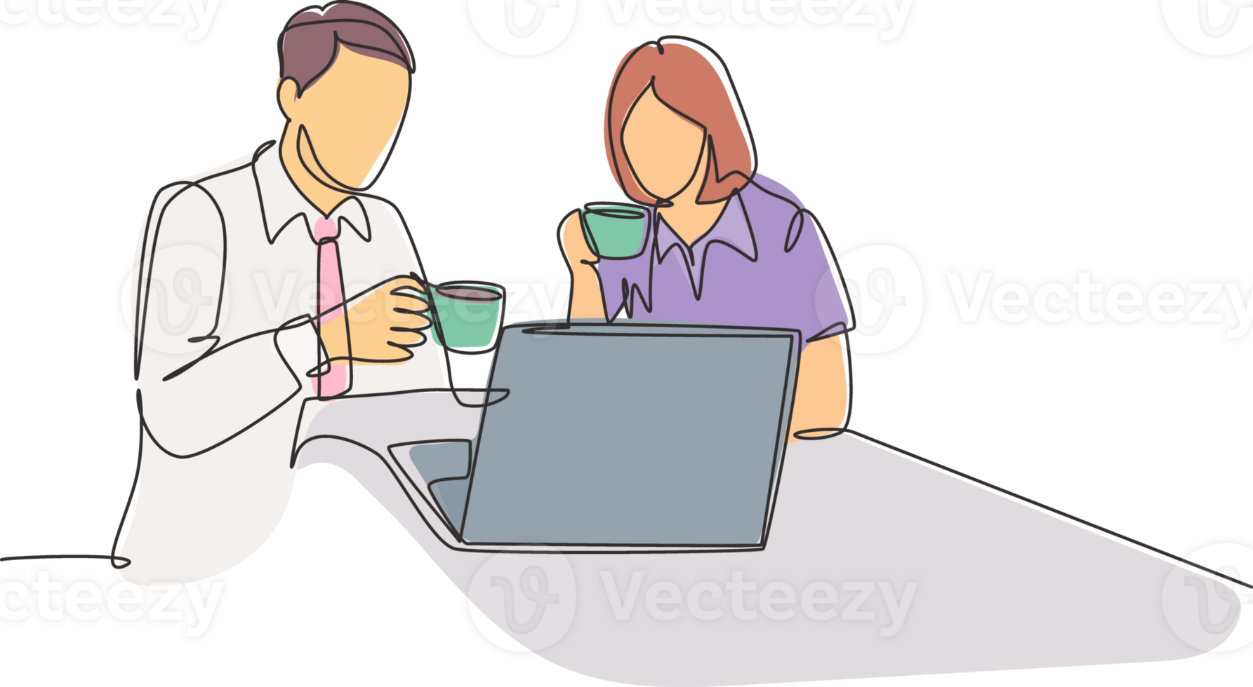 One single line drawing of young male and female marketing team members discussing promotion strategy while work meeting. Continuous line draw graphic design illustration png
