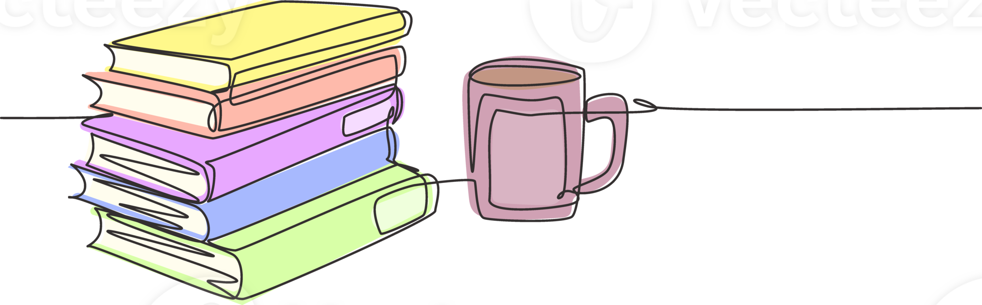 Single continuous line drawing of pile of books with a cup of hot black cappuccino coffee at public library. Book of educational concept. One line draw design illustration png