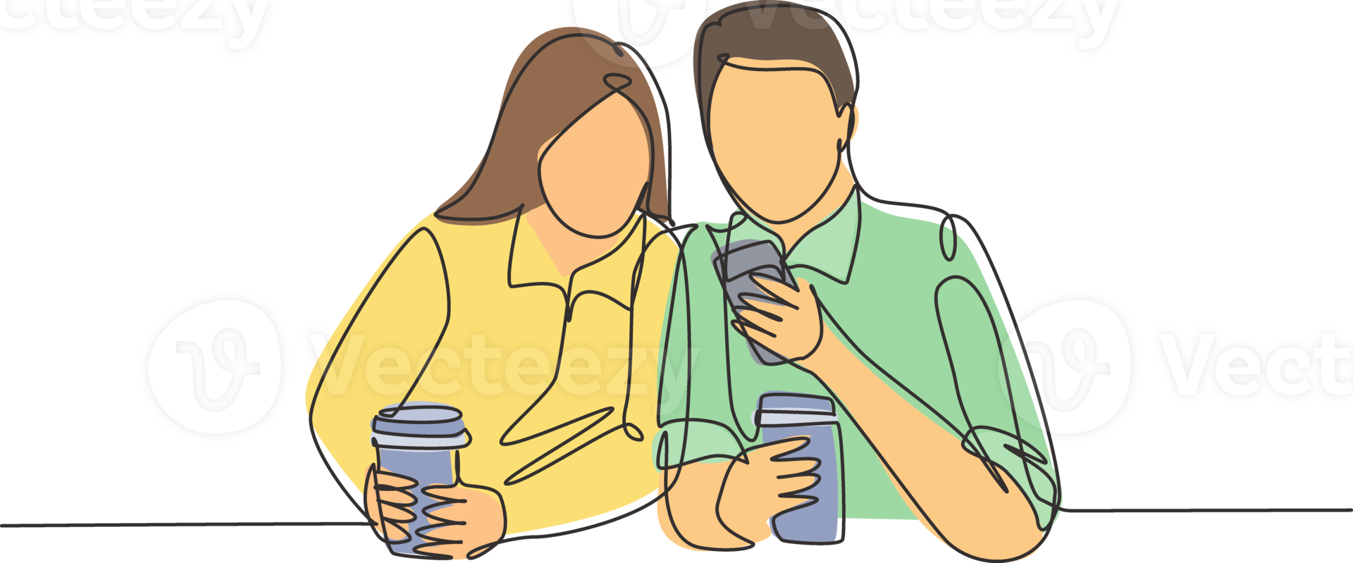 One continuous line drawing of young happy male and female couple lunch together while watching funny video on smartphone at coffee shop. Romantic concept. Single line draw design illustration png