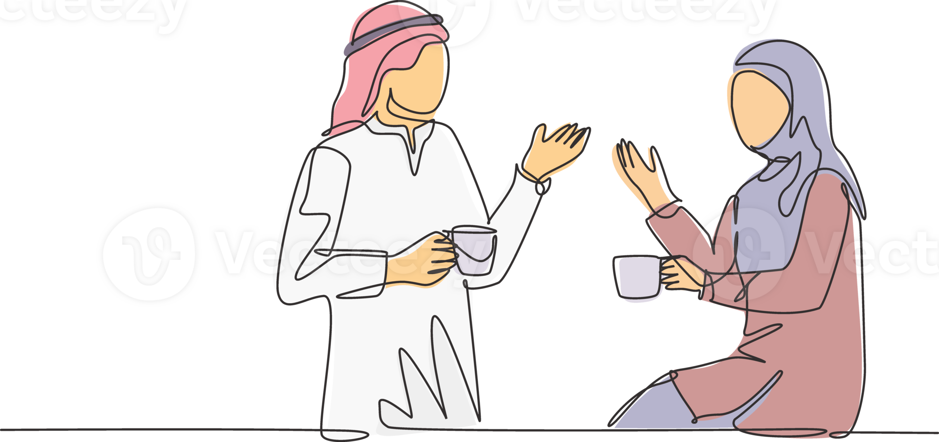 One continuous line drawing of young muslim and muslimah couple talking together while enjoying a cup of coffee drink. Saudi Arabian with kandura, hijab and veil. Single line draw design illustration png