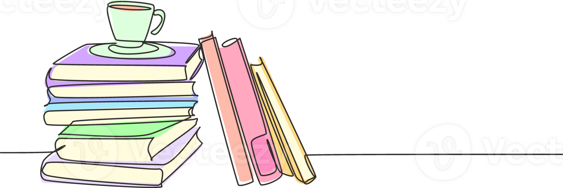 One continuous line drawing of pile of books and a cup of coffee on office desk. Work space table with books stack concept. Single line draw design illustration png