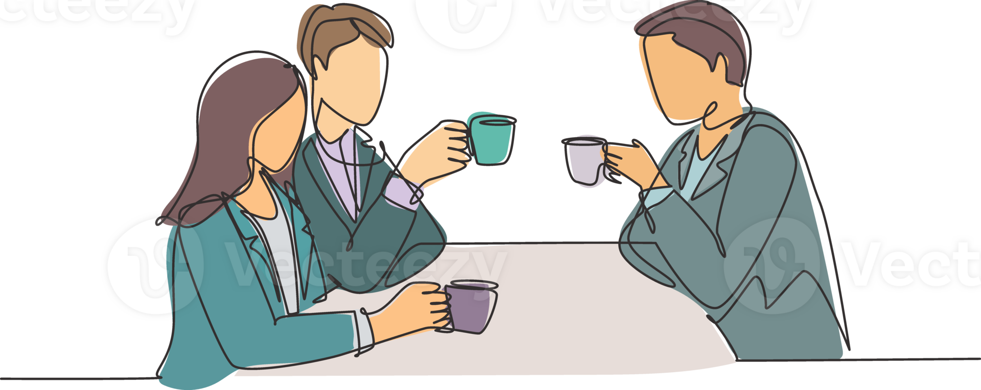 One continuous line drawing of young businessman and businesswoman doing business meeting at restaurant while holding a cup of coffee. Business talk concept. Single line draw design illustration png