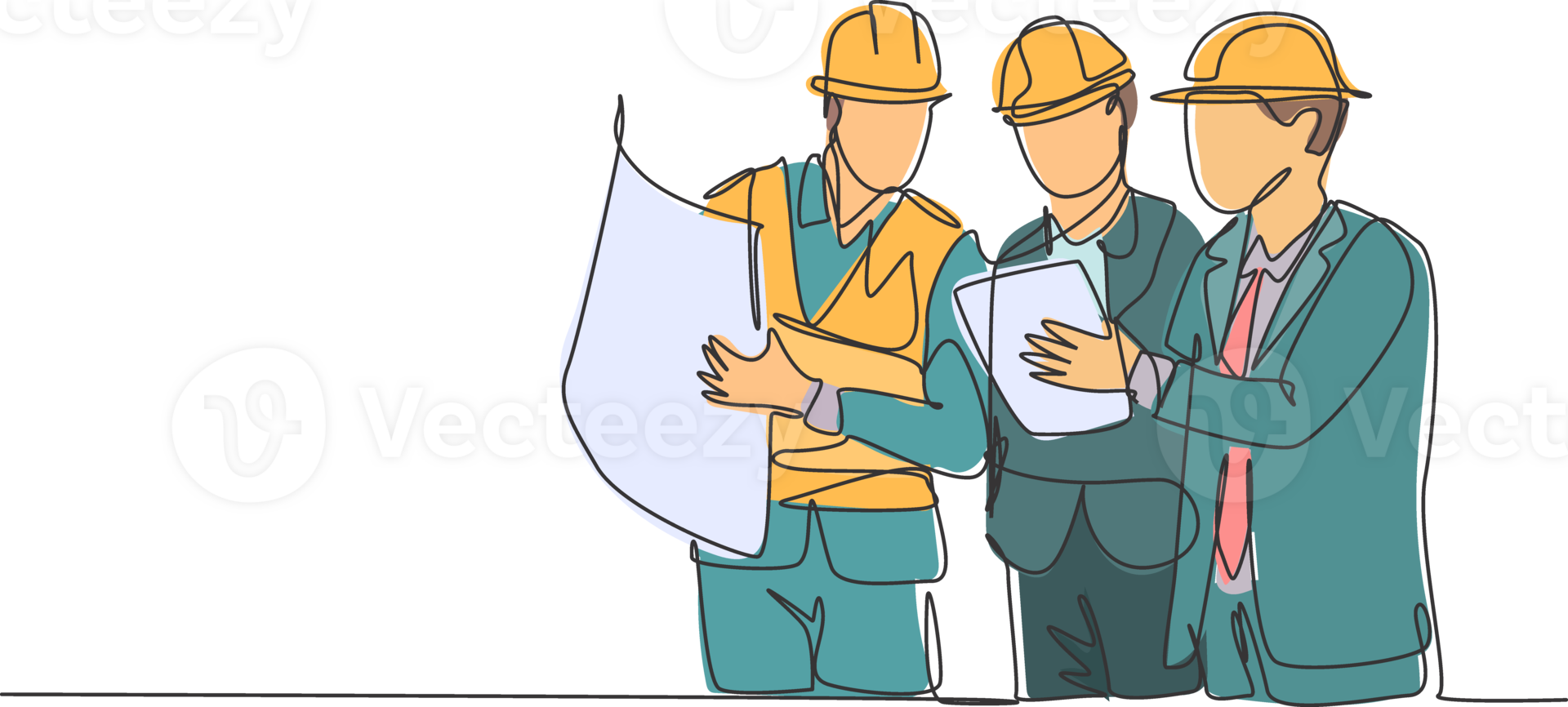 One continuous line drawing of young architect, manager and engineer meeting at building construction site. Building architecture business concept. Single line draw design illustration png