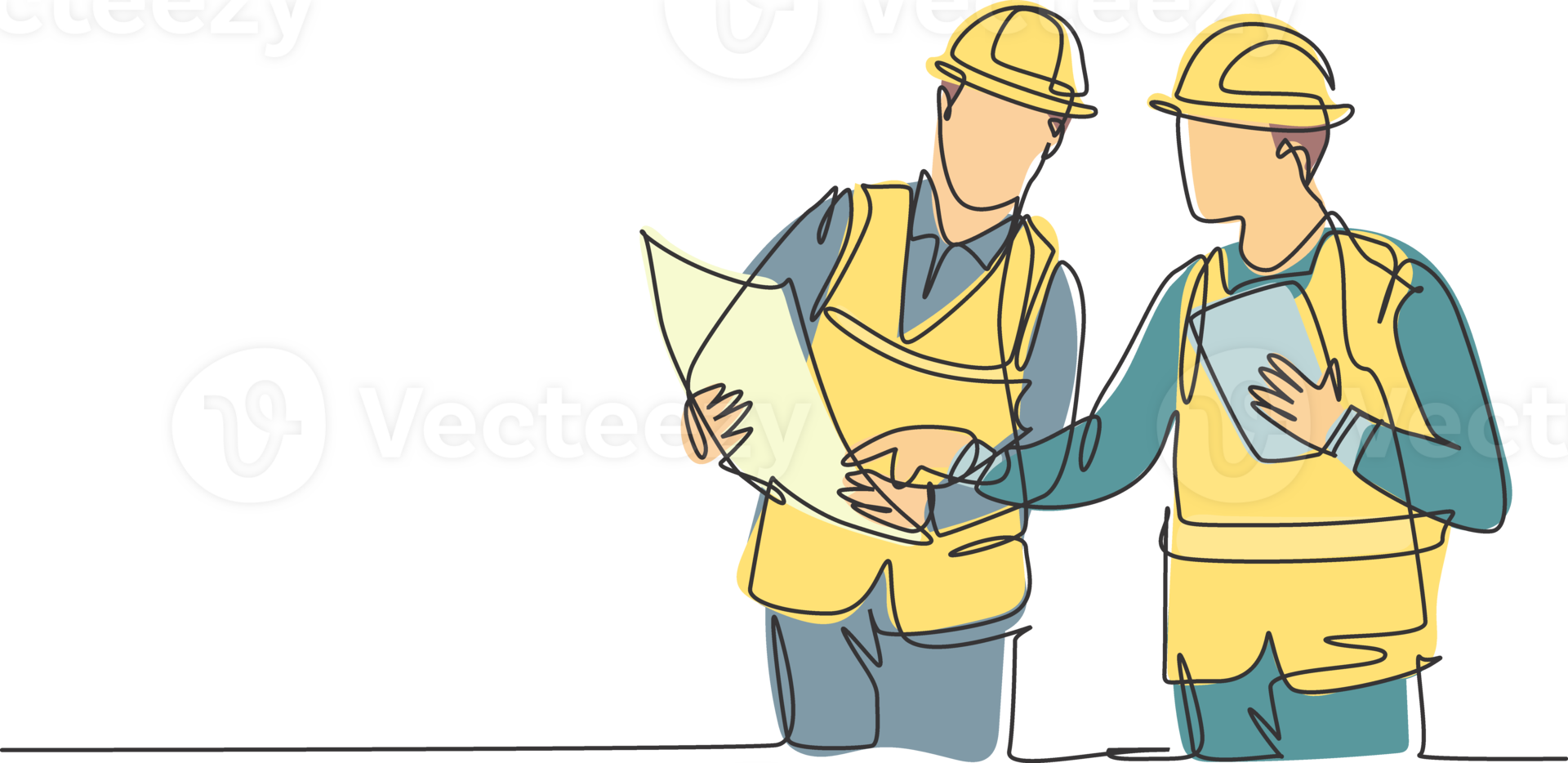 un seul dessin au trait d'un jeune architecte et ingénieur discutant de la conception d'un plan de construction de bâtiments. concept d'entreprise d'architecture du bâtiment. illustration de conception de dessin en ligne continue png