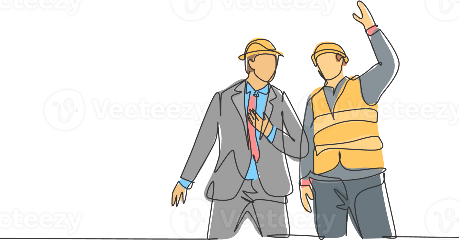 Single continuous line drawing of young architect coordinator explaining construction concept to company manager. Building architecture business concept. One line draw design illustration png