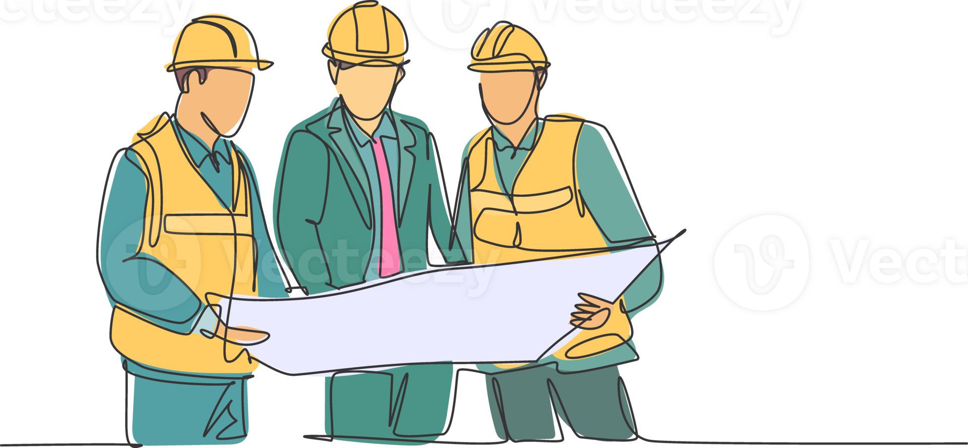 One continuous line drawing of young construction coordinator discussing construction design plan to team member. Building architecture business concept. Single line draw design graphic illustration png