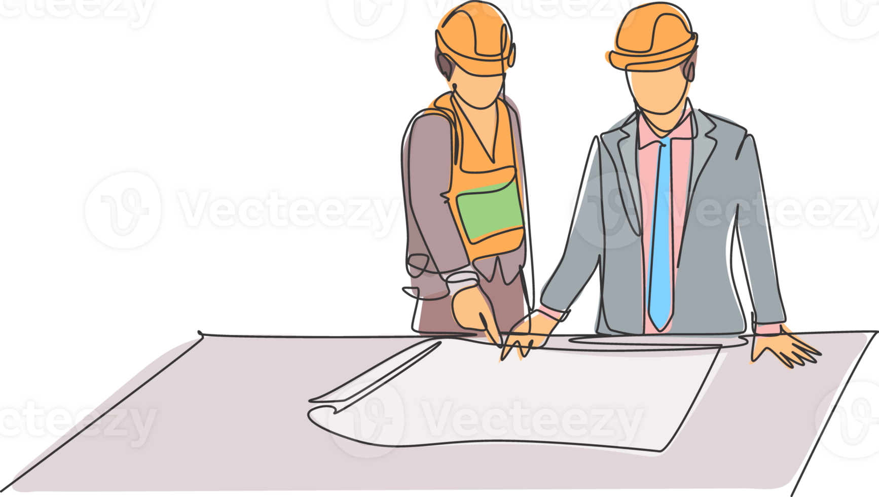 en enda radritning av ung arkitekt som förklarar skisskonstruktion för chefen. byggnadsarkitektur affärsidé. kontinuerlig linje rita design illustration png