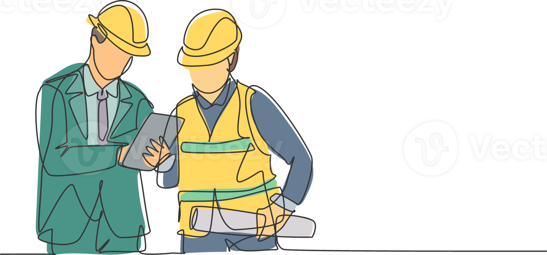 One single line drawing of young construction manager do short brief to builder coordinator. Building architecture business concept. Continuous line draw design graphic illustration png