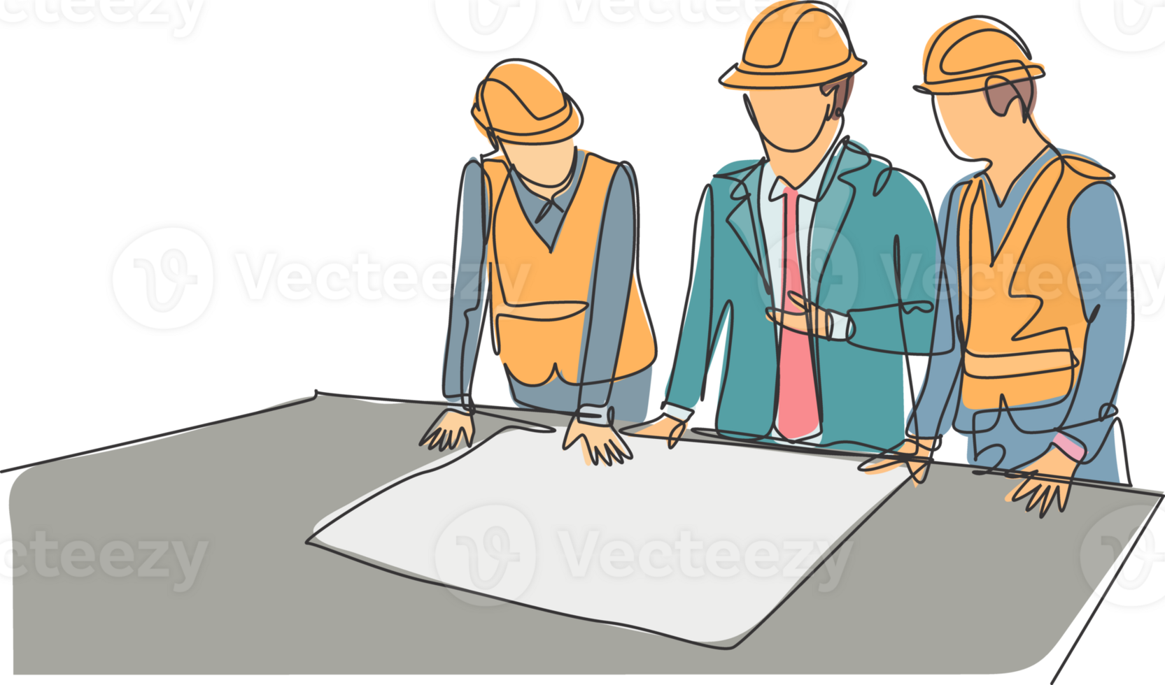 One continuous line drawing team of young architects presenting construction sketch draft blueprint design to manager. Building architecture business concept. Single line draw design illustration png