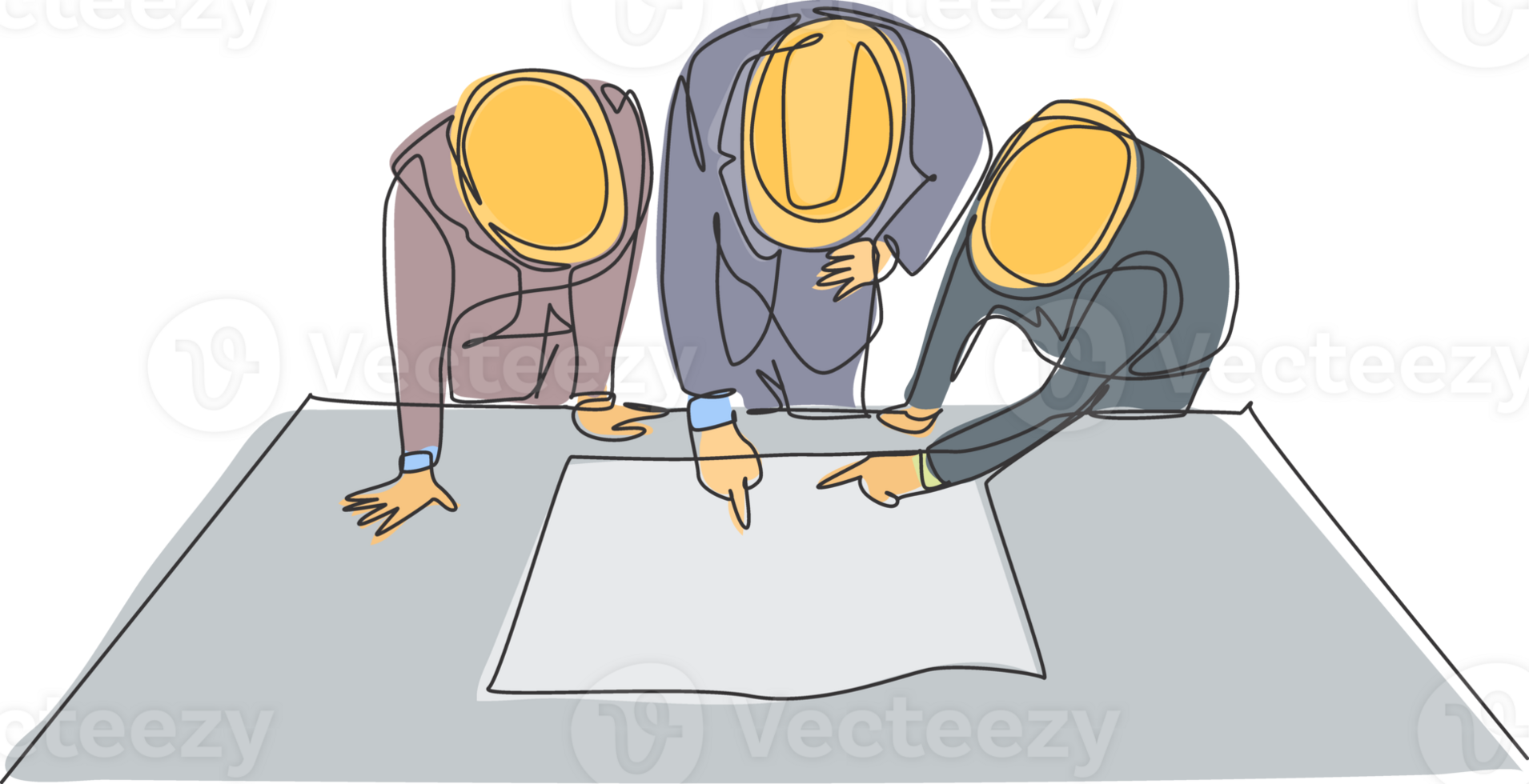 One single line drawing of young architects and manager meeting at construction site to discuss draft blueprint design. Building architecture business concept. Continuous line draw design illustration png