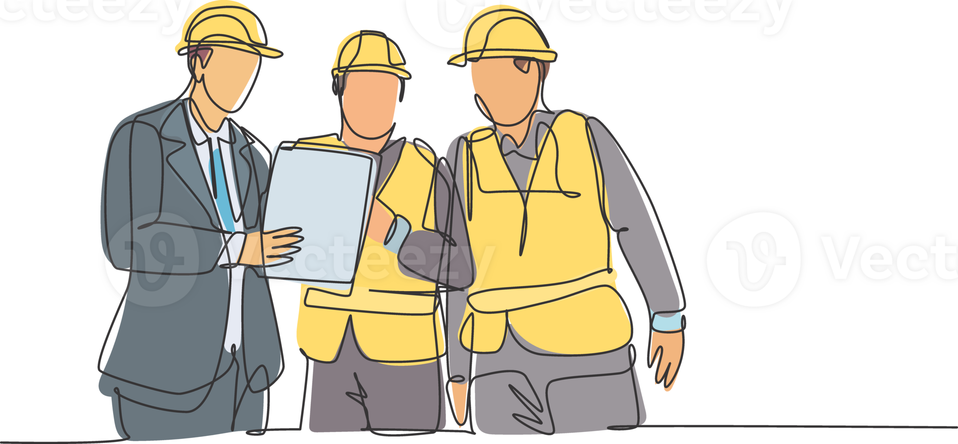 One continuous line drawing of young managers explaining short brief about construction concept to construction builders. Building architecture business concept. Single line draw design illustration png