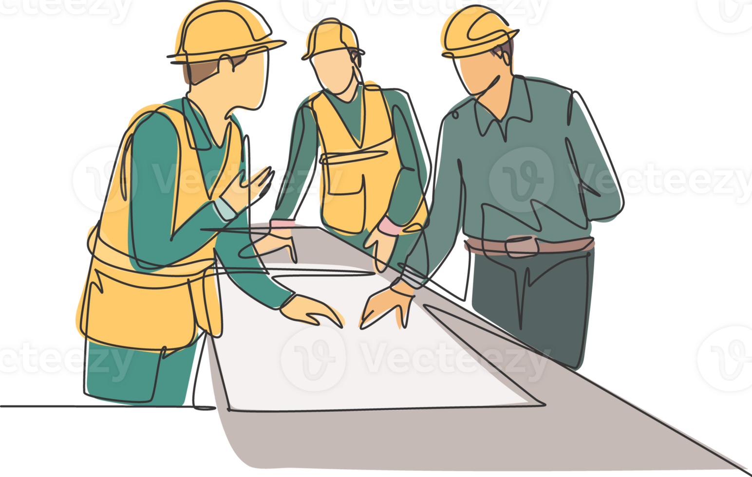 One continuous line drawing of young architects discussing construction design blueprint at office meeting. Building architecture business concept. Single line draw graphic design illustration png