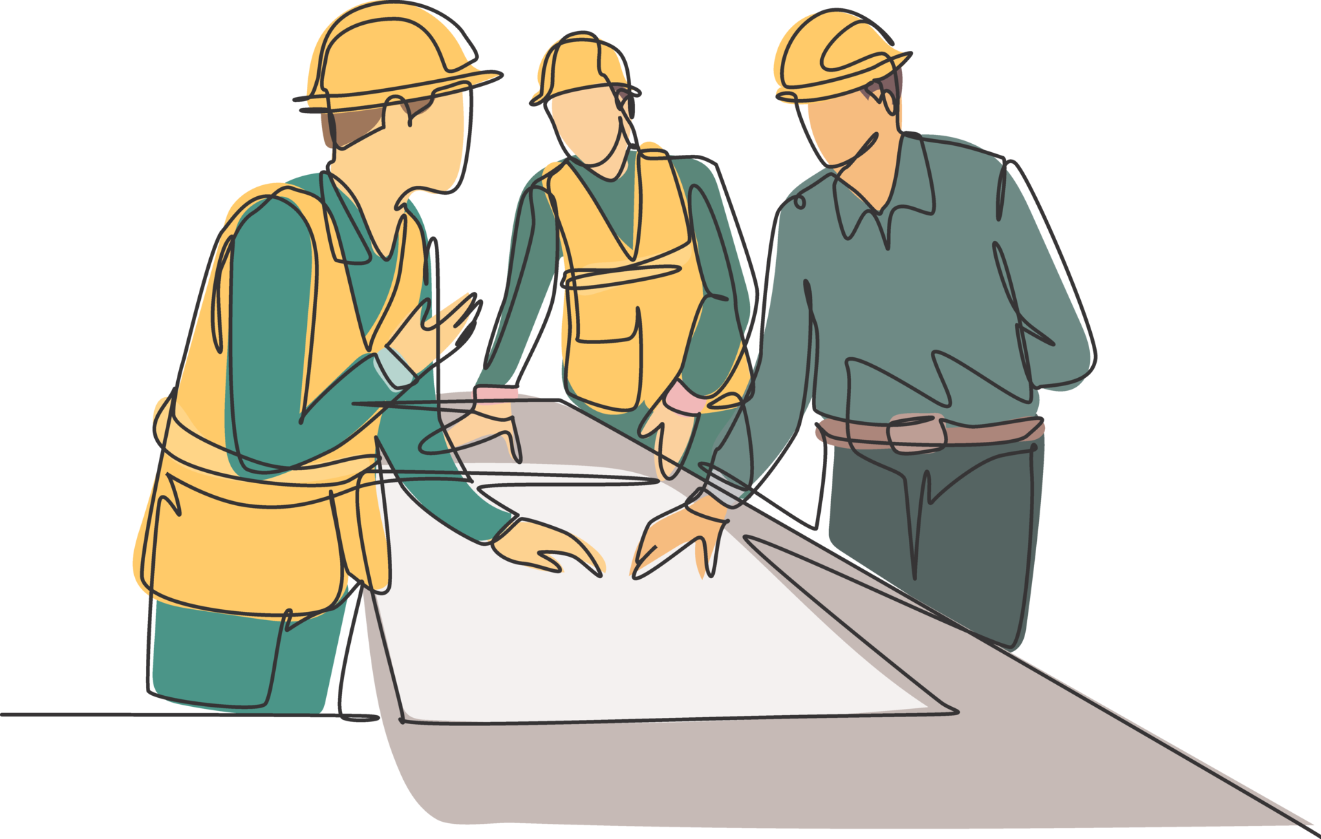 One continuous line drawing of young architects discussing construction