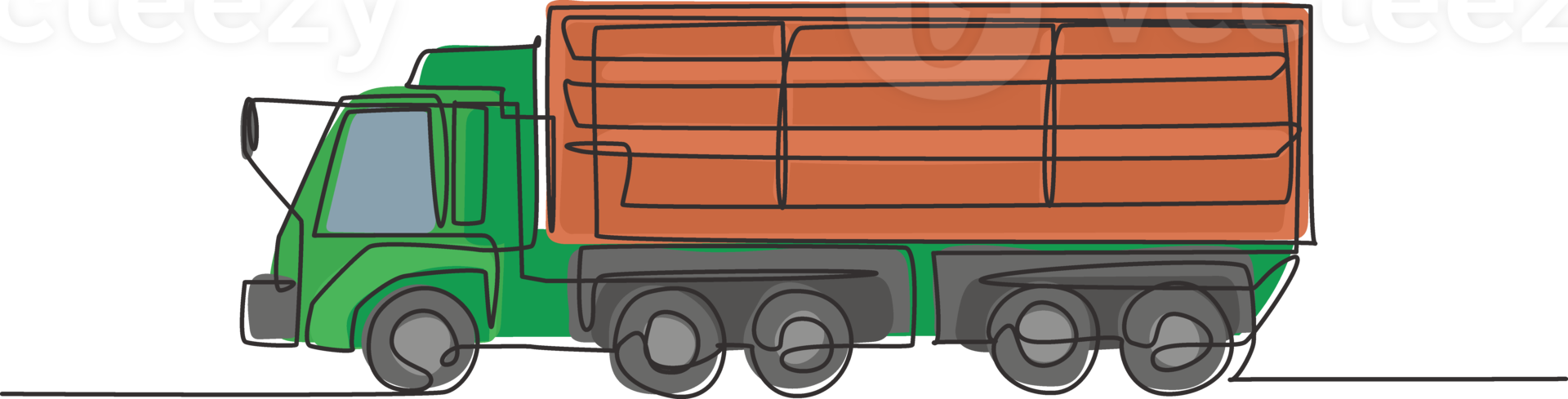 One single line drawing of long truck trailer illustration. Business commercial vehicles. Heavy machines vehicles for logistic delivery concept. Modern continuous line graphic draw design png