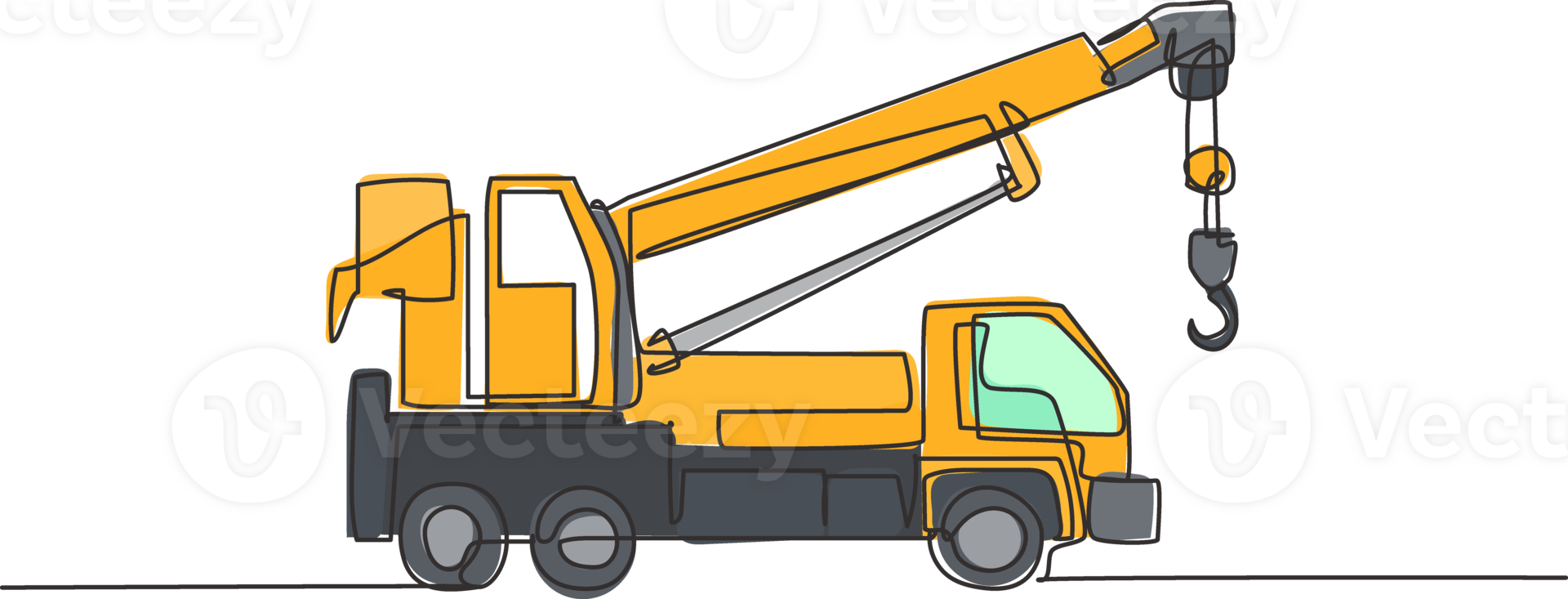 Single continuous line drawing of crane truck for building construction, business commercial vehicles. Heavy transportation machines equipment concept. Trendy one line draw design illustration png