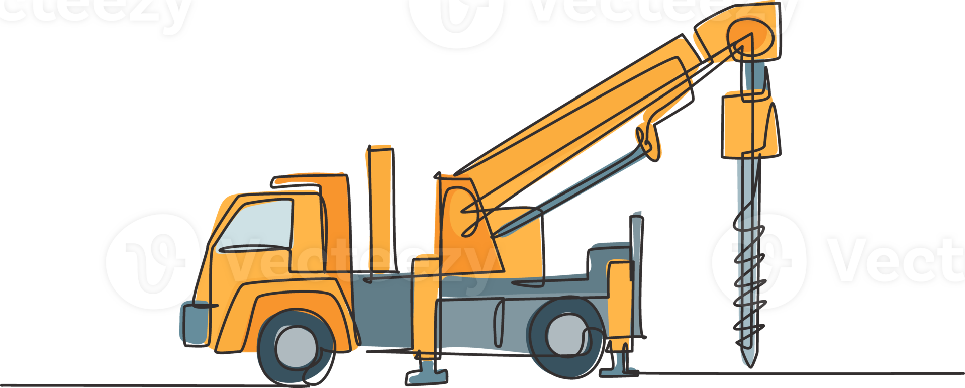 Single continuous line drawing of vehicle driller for drilling soil earth work. Heavy construction machines equipment concept. Trendy one line draw design graphic illustration png
