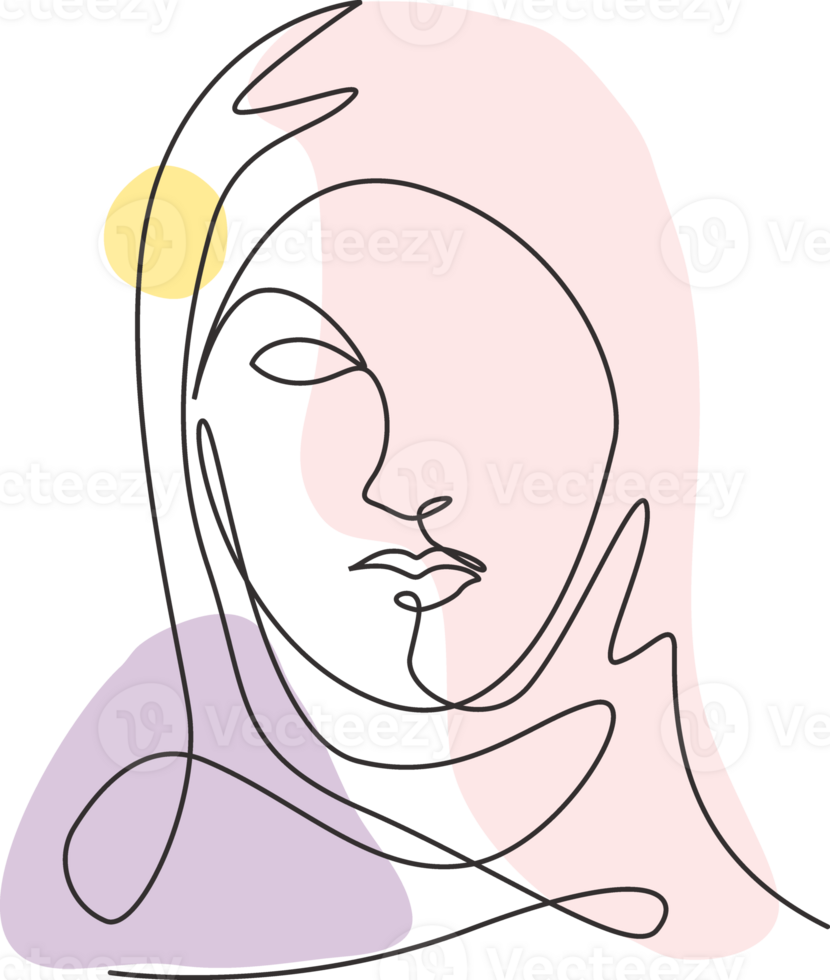 Single continuous line drawing beautiful aesthetic portrait woman abstract face. Pretty female silhouette in hijab minimalist style concept. Trendy one line draw design graphic illustration png