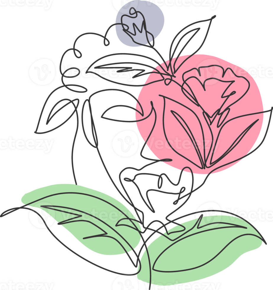 1 contínuo linha desenhando minimalista beleza natureza Cosmético Penteado. flor ramalhete dentro mulher cabeça abstrato face conceito. parede decoração imprimir. solteiro linha arte desenhar Projeto gráfico ilustração png