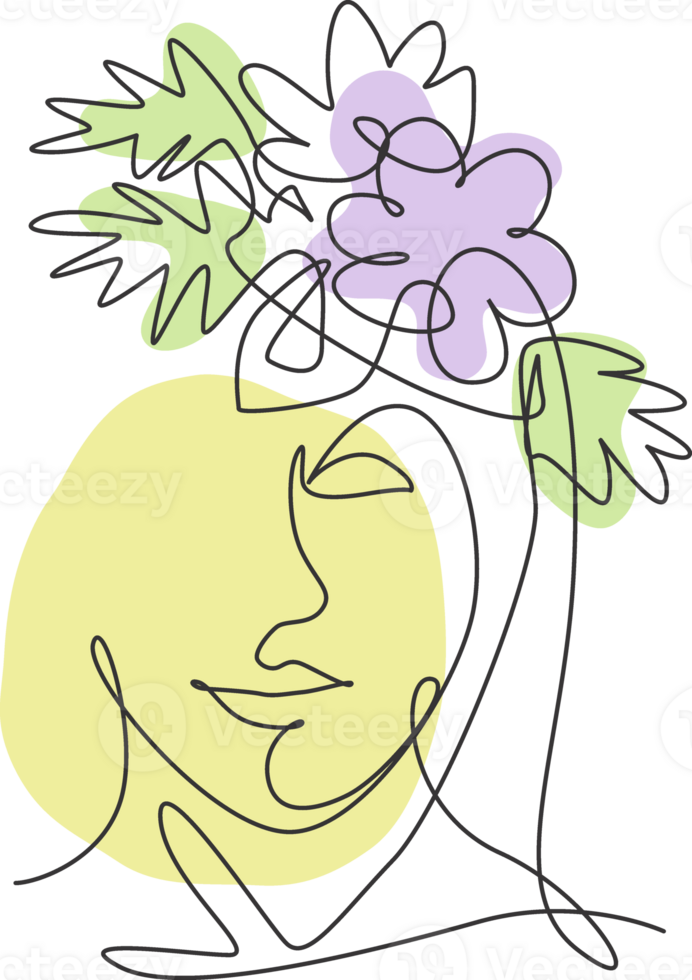 One single line drawing beauty abstract face with natural flowers illustration. Woman portrait minimalistic style concept for wall art decor print. Modern continuous line draw graphic design png