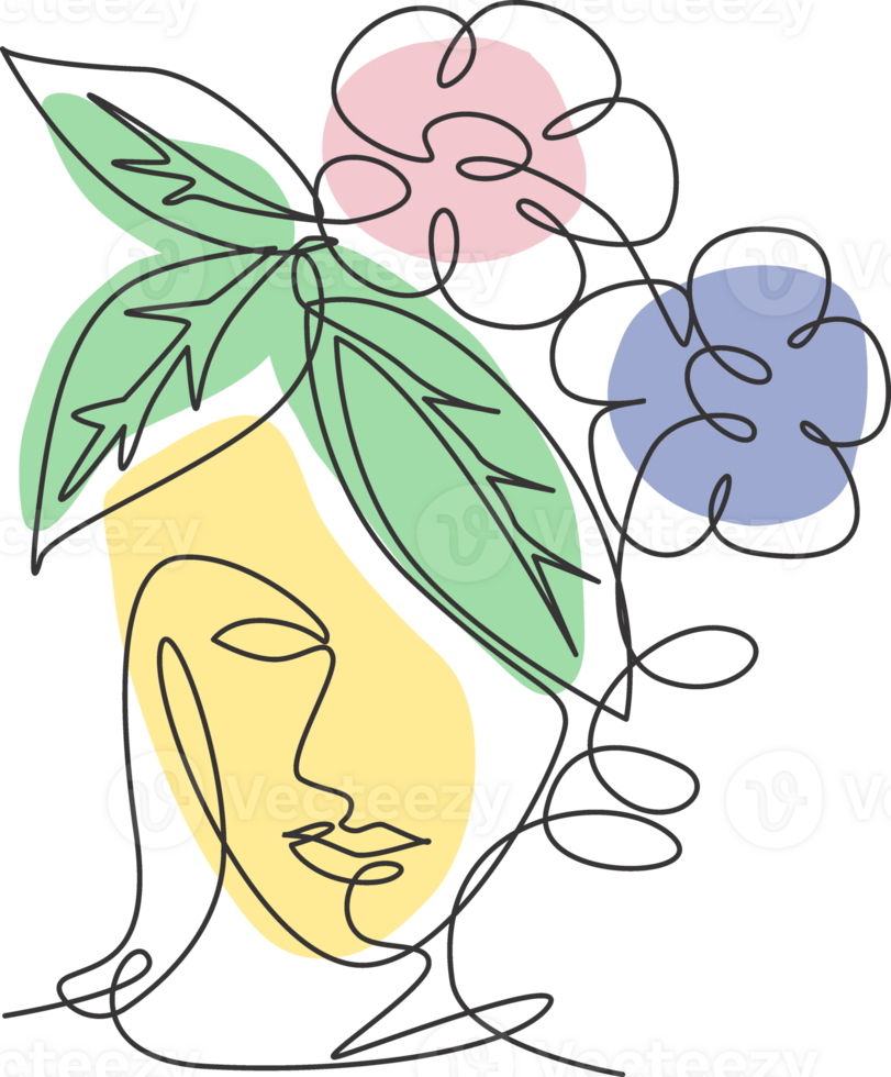 One continuous line drawing minimalist beauty nature cosmetic hairstyle. Flower bouquet in woman head abstract face concept. Wall decor print. Single line art draw design graphic illustration png
