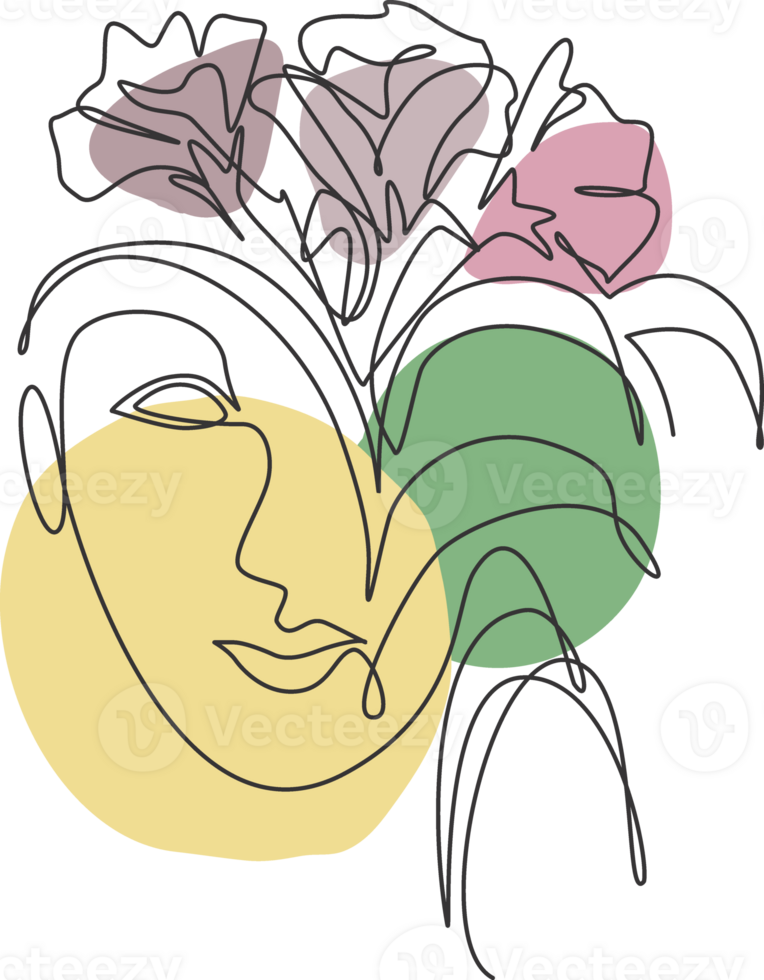 Single continuous line drawing nature portrait minimalist. Flower bouquet head concept. Beauty floral cosmetic salon abstract face print. Trendy one line art draw design graphic illustration png