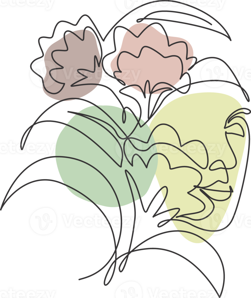 Single continuous line drawing nature portrait minimalist. Flower bouquet head concept. Beauty floral cosmetic salon abstract face print. Trendy one line art draw design graphic illustration png