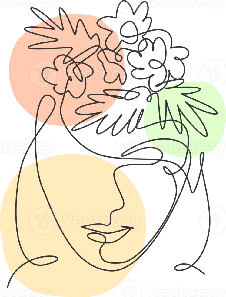 One continuous line drawing minimalist beauty nature cosmetic hairstyle. Flower bouquet in woman head abstract face concept. Wall decor print. Single line art draw design graphic illustration png