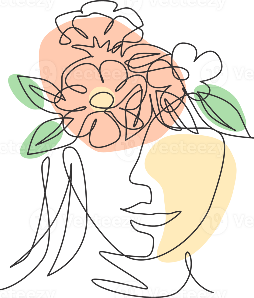 Single continuous line drawing nature portrait minimalist. Flower bouquet head concept. Beauty floral cosmetic salon abstract face print. Trendy one line art draw design graphic illustration png