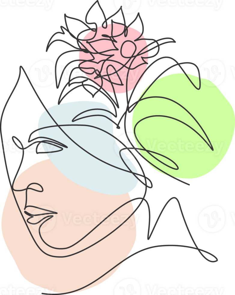 One single line drawing abstract face with natural flowers illustration. Beauty woman portrait minimalistic style concept for wall decor art print. Modern continuous line graphic draw design png