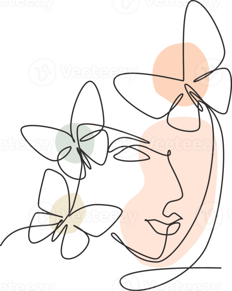 uno soltero línea dibujo mujer con mariposa línea Arte ilustración. hembra resumen cara mariposa botánica retrato minimalista impresión estilo concepto. moderno continuo línea dibujar gráfico diseño png