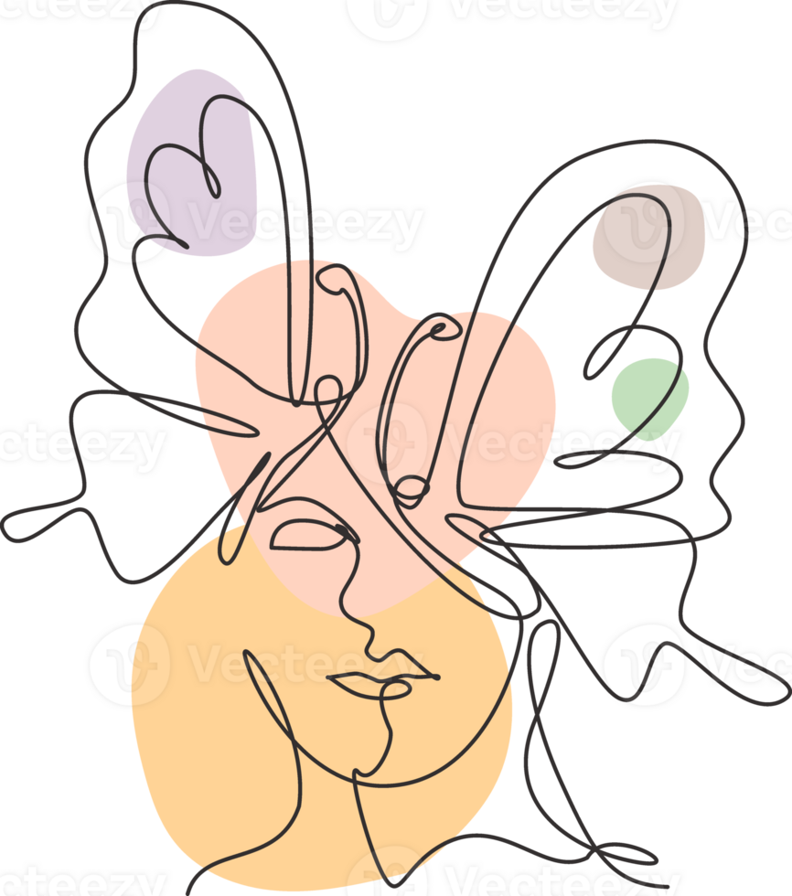One continuous line drawing sexy woman abstract face with butterfly wings logo. Female portrait minimalist style concept. Cosmetic icon. Dynamic single line draw design graphic illustration png
