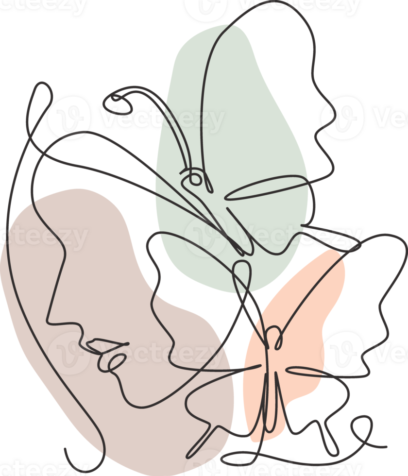 solteiro contínuo linha desenhando beleza mulher com borboleta obra de arte. botânico, moda, camiseta imprimir. retrato face minimalista estilo conceito. na moda 1 linha desenhar Projeto gráfico ilustração png