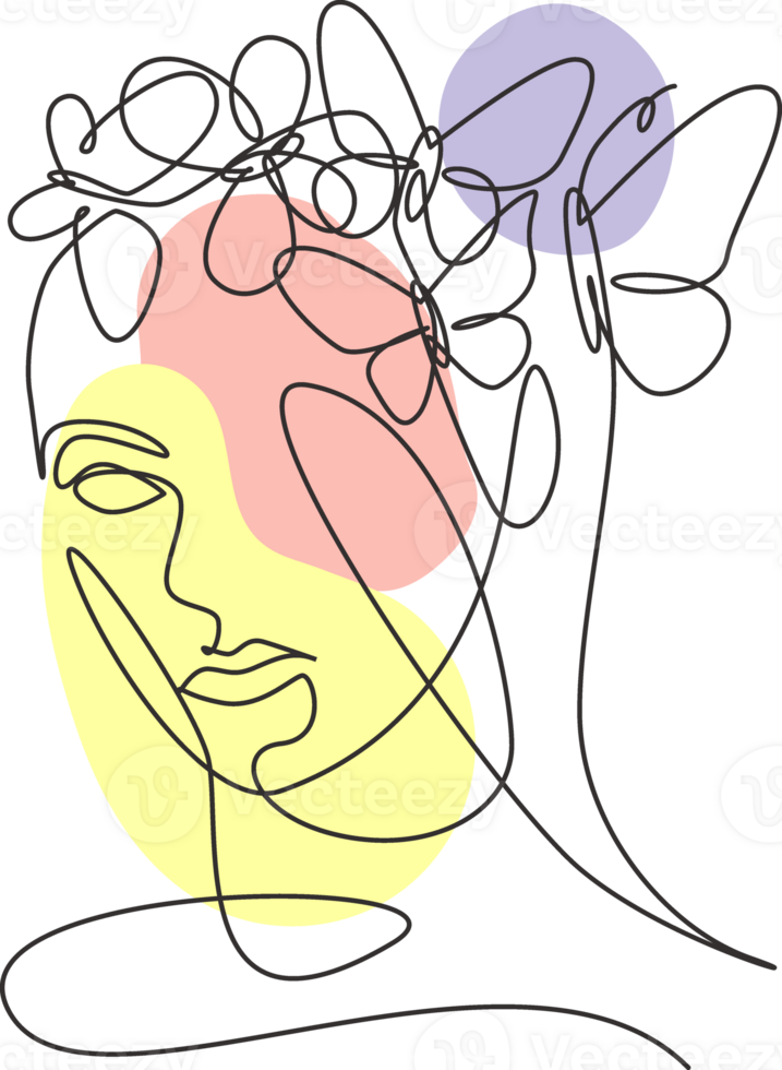 uno soltero línea dibujo mujer con mariposa línea Arte ilustración. hembra resumen cara mariposa alas retrato minimalista Moda estilo concepto. moderno continuo línea gráfico dibujar diseño png