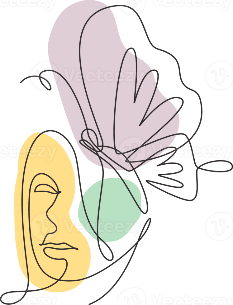 One single line drawing woman with butterfly line art illustration. Female abstract face butterfly botany portrait minimalistic print style concept. Modern continuous line draw graphic design png