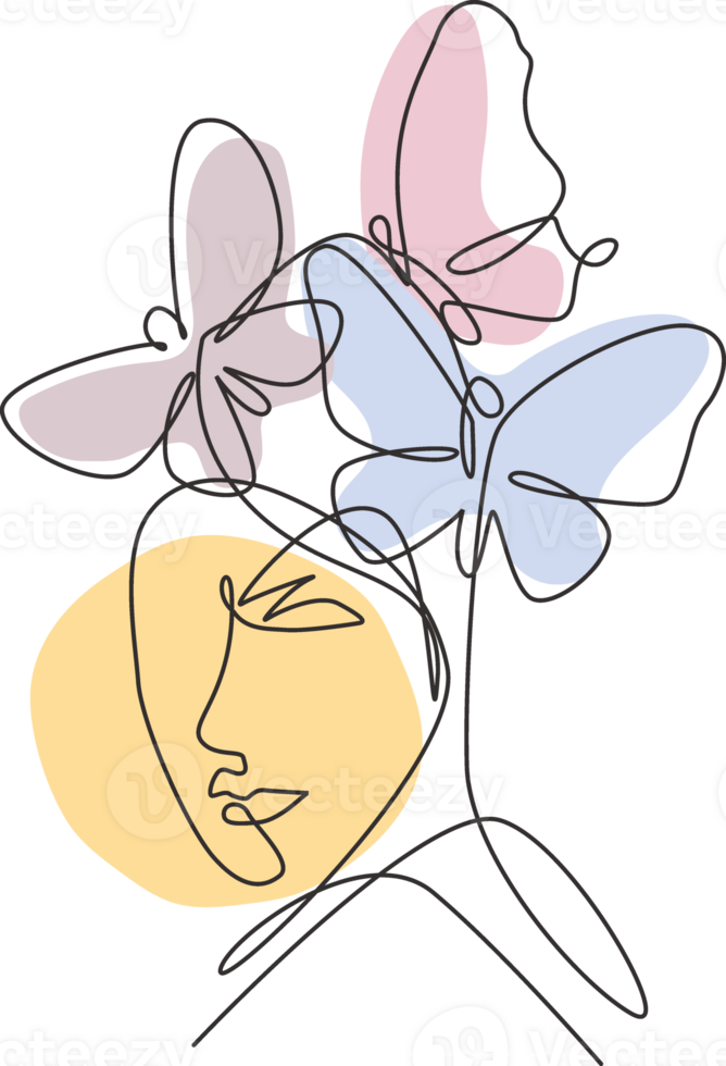 One single line drawing woman with butterfly line art illustration. Female abstract face butterfly botany portrait minimalistic print style concept. Modern continuous line draw graphic design png
