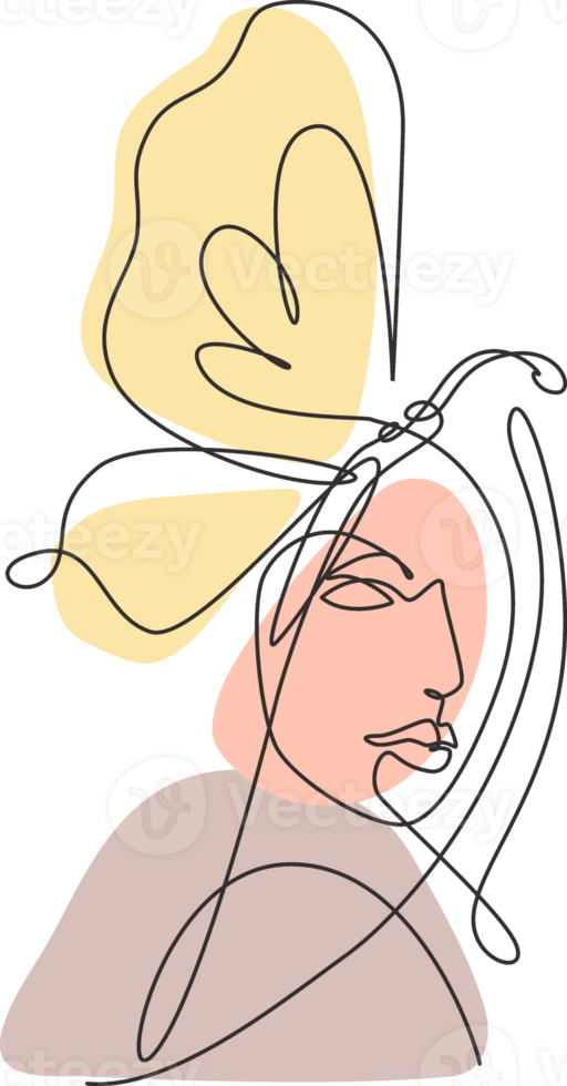 Single continuous line drawing beauty woman with butterfly artwork. Botanical, fashion, t-shirt print. Portrait minimalistic style concept. Trendy one line draw design graphic illustration png