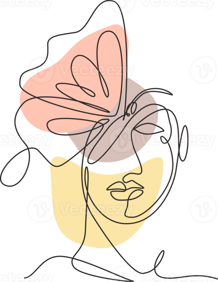 One single line drawing woman with butterfly line art illustration. Female abstract face butterfly wings portrait minimalistic fashion style concept. Modern continuous line graphic draw design png
