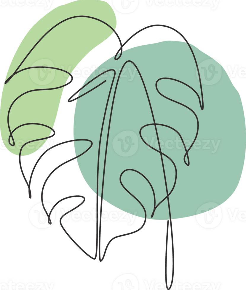 One continuous line drawing abstract tropical monstera leaf. Minimal natural botany eco concept. Home wall decor, poster, tote bag, fabric print. Single line draw design graphic illustration png